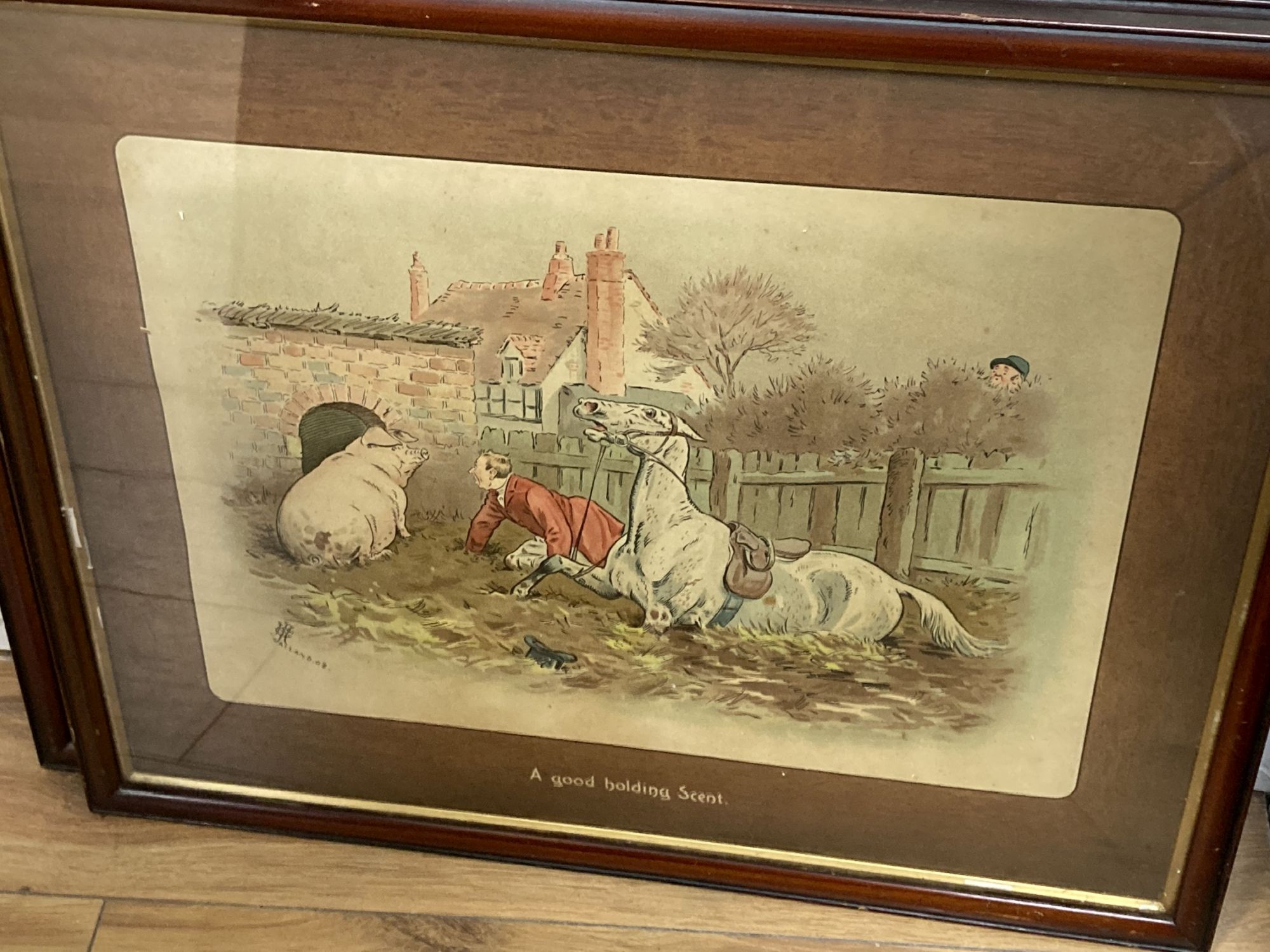 A set of six chromolithographs, hunting caricatures, 38 x 48cm overall.
